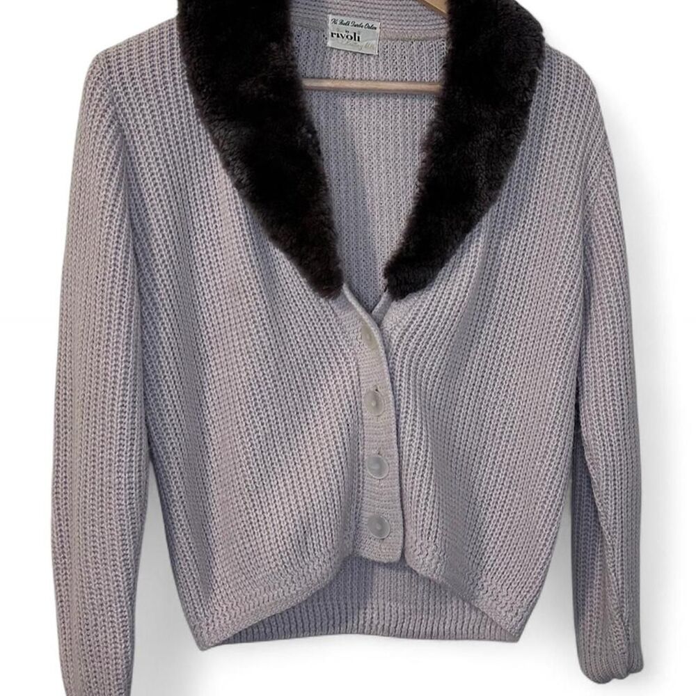 Vintage Rivoli Knitting Mills Tan Knit Cardigan W/  Brown Faux Fur Collar